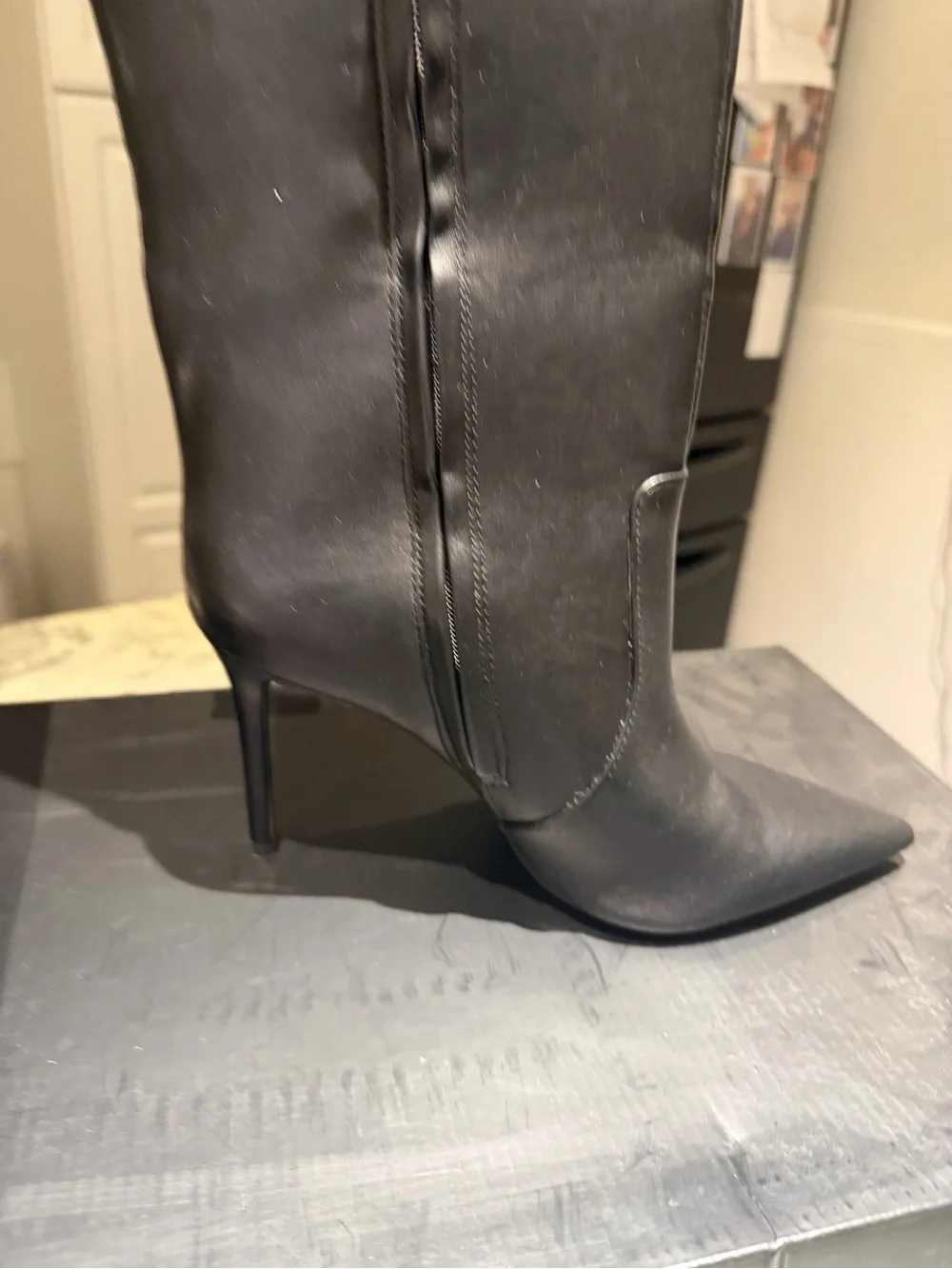 INC International Concepts Black Pointed-Toe Mid-Knee Heeled Boots